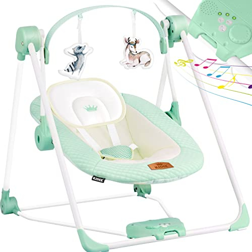 KIDIZ® Babywippe Babyschaukel mit 5 Geschwindigkeitseinstellungen zusammenklappbarer Baby Wippe Schaukel Babyhochstuhl mit Spielbogen Spielzeugen 5 beruhigende Naturgeräusche, Mint Grün