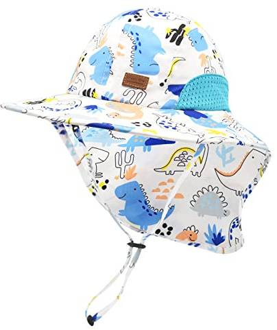 SEYUFN Bébé Garçon Chapeau De Soleil Enfant en Bas Âge Été Plage Chapeaux Infantile Fille Large Bord Seau Casquette Cou Rabat Protection UV pour Enfants en Plein Air (3-12 Mois, S-Dinosaure Bleu)