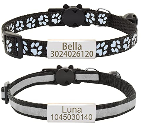 Senristar Personalisierte 2 Pack Reflektierende Katze Halsband, Benutzerdefinierte Breakaway Halsbänder mit Namensschild und Glocke, Anti-Verlust für Mädchen & Jungen, Nacken: 20-28 cm