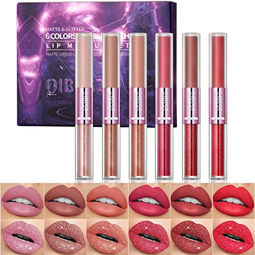 6Pcs Matte Flüssigkeit Lippenstift + 6Pcs Glitzer Lipgloss, 2 IN 1 24 Stunden lang anhaltender roter matter Lippenstift mit metallischem Schimmer Funkeln Lipgloss für Frauen