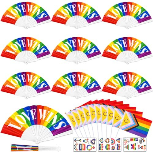 iZoeL 10 Rainbow Fan Pride Folding Hand Held Fans Gay Pride Accessories Rainbow LGBTQ Accessories for Men Women Parade Month Decorations