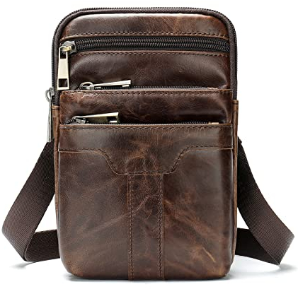 Schultertaschen Handy Leder Herren, Handy Gürteltasche Leder, Vertikal Handytasche zum Umhängen Männer Umhängetasche Vintage Handy Holster Brusttasche Gürtelhülle Gürtelclip Tasche mit Gürtelschlaufe