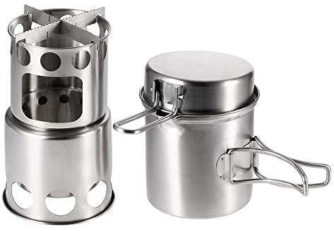 Karlak Réchaud à bois de camping, réchaud de camping portable combiné réchaud à bois et marmite pour l'extérieur, la randonnée, la pêche, la randonnée