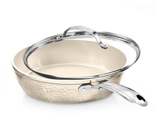 Gotham Steel Hammered 10 Inch Non Stick Frying Pans with Lid, Frying Pans Nonstick with Lid, Non Toxic PFOA PFOS Free, Skillet Pan for Cooking, Induction Oven and Dishwasher Safe – Cream