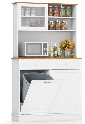 TANGZON Tall Kitchen Cupboard with Trash Bin Hamper, Wooden Storage Cabinet with Adjustable Shelves, Rubber Wood Countertop & Drawers, Freestanding Dining Living Room Sideboard