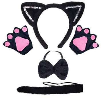 DHWEKU Katze Cosplay Set,Katzenohren Stirnband Kätzchen Schwanz Ohren Kragen Pfoten Handschuhe Party Kostüm Set für Kinder Mädchene
