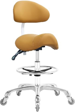 Nazalus Saddle Stool Chair with Back Support Footrest, Heavy-Duty(350LBS), Hydraulic Rolling Swivel Adjustable Stool Chair for Salon Spa Beauty Massage Dental Clinic Home Office Use(Camel)