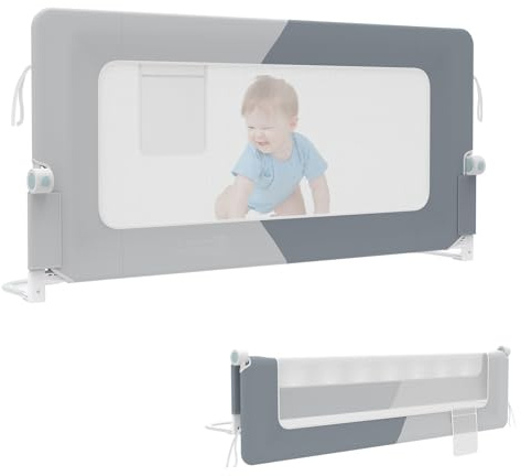 YUENFONG Griglia di protezione per il letto, 180 cm, per bambini, regolabile in altezza, da 72 a 96 cm, pieghevole, protezione laterale, grigio scuro e grigio chiaro