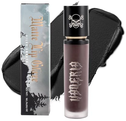 vaneria Lápiz labial líquido negro mate. Esmalte labial gótico de la serie black. Brillo labial morado hidratante de larga duración. Ideal para fiestas de halloween y maquillaje gótico.(0.28 Oz)