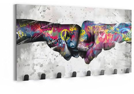 DEQOART Wandgarderobe Glas & Metall | Motiv Graffiti-Handschlag | 60x30 cm | Design Haken-Leiste modern | Garderoben-Paneel für Flur, Wohnzimmer & Schlafzimmer | magnetisch & beschreibbar