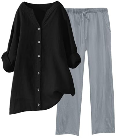 HOOUDO Womens Lounge Wear Sets Cotton Linen Ladies Tracksuit Set 2 Piece Summer Outfits Co Ord Sets Long Sleeve Blouses Tops and Wide Leg Trousers Casual Solid Loungewear Activewear with Pockets