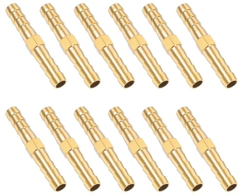 1/4 Inch Hose Barb Fitting, 12 Pcs Brass Splicer Mender Barbed Connector Air Hose Fittings Metal Air Line Repair Kit Garden Straight Watertight Hoses Connectors for Water, Fuel, Oil