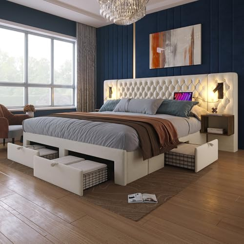 Generisch TOBIDOEN - Cama tapizada de 160 × 200 cm, juego completo para dormitorio, cama doble con 2 mesitas de noche y 4 cajones, cabecero con asistencia de versatilidad, sin colchón, terciopelo