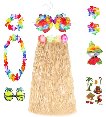 FUIPVGI 9 Pièces Ensemble de costume hawaïen, Jupe Hawaienne en Paille Paquet, Jupe Hawaienne, Hawaïen lei, Décoration de Fête Tropicale de Plage d'été, accessoire de fête tropicale Luau (Multicolore)