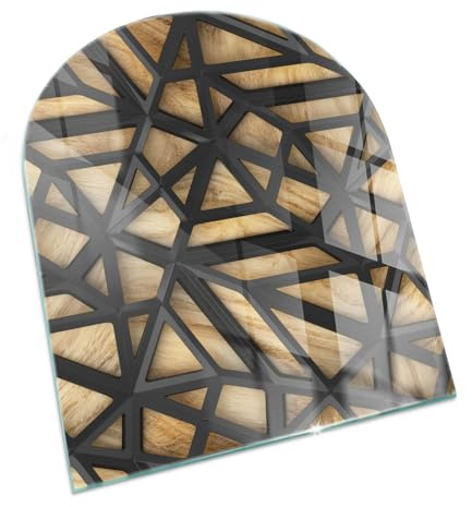 Eldstad golvskydd glas tryck | kaminplatta dekorativ | härdat värmebeständig panel | gnistskydd braskamin | stilrent hem - 80x70cm - avkortad oval - Geometri med trä
