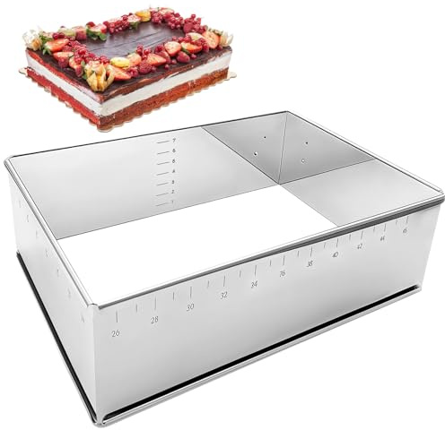 Adjustable Cake Tin, Stainless Steel Cake Mold, Rectangular Tiramisu Cake Mould, Expandable Baking Frame for Mousse Cakes, Range 25-47 cm by 18-34 cm/9.8-18.5 in by 7-13.4 in, 8 cm High
