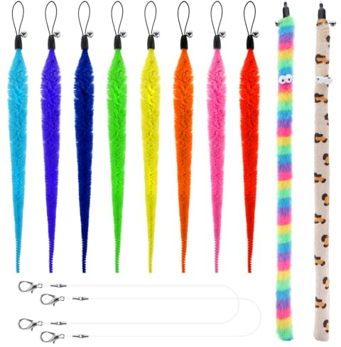 Cat Worm Toy, 12 PCS Cat Wand Toy Accessories Including Worm & Snake Refills Set, 2PCS Replacement String for Cats Fishing Pole Toys, Assorted Feather Toys Attachments Teaser for Indoor Cats Kitten