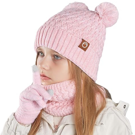 MAZELIKEHOOD Cappello Sciarpa Guanti per Bambina Set Invernale 3 Pezzi con Pon Pon Berretto di Caldo Sciarpa e Guanti per Neve Accessori Invernali per Ragazze 4-10 Anni