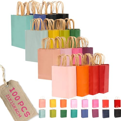 Gcardist 100Pcs Paper Gift Bags with Handles - 8.3x6x3.15 Kraft Small Party Bags - 16 Solid Colors