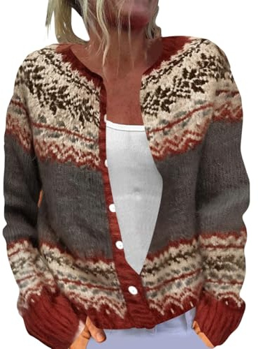 Cardigans for Women UK Vintage Fair Isle Sweaters Lightweight Open Front Cardigan Casual Long Sleeve Button Down Sweaters Ladies Loose Comfy Coat Autumn Winter Outwear for Everyday Wear