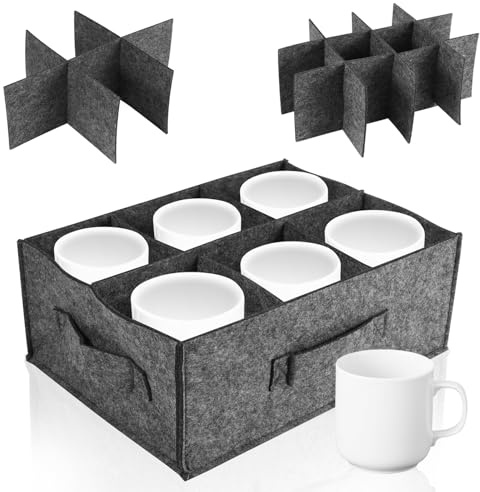 Cup Storage Box, Caravan Cup Holders Set with Dividers for Drinking Glasses Wine Holder Tableware, Camping Tableware Storage Felt Bag with Handles for Camping Motorhome Caravan Kitchen (Dark Gray)