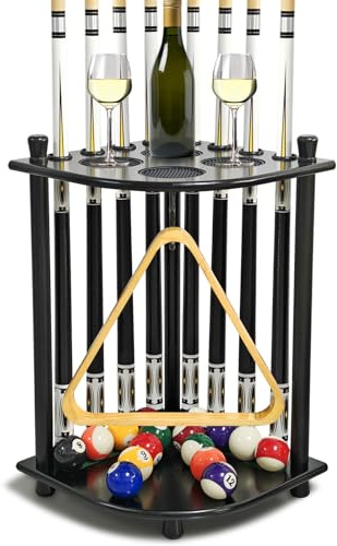 Support de sol pour quilles de billard avec 16 supports de balles de billard en bois massif pour 8 queues de billard, support d'angle pour salle de jeux, club, accessoires de table de billard (noir)