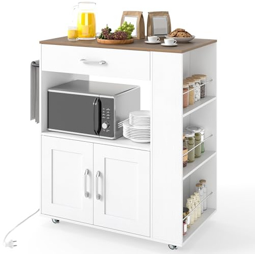 COSTWAY Desserte de Cuisine sur roulettes (2 Verrouillables), Multiprise Intégrée, îlot de Cuisine avec 3 Porte-Épices, Chariot de Service avec Tiroir & Étagère Ouverte, 46 x 75 x 90,5 cm (Blanc)