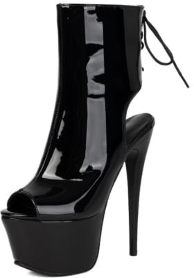 Generico Stivaletti Stiletto Donna Pelle Verniciata Décolleté Punta Aperta Plateau Intaglio Stringati Dietro Tacchi Alti Zip Laterale Scarpe Festa
