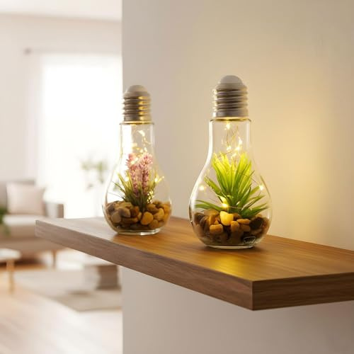 levandeo 2-pack Sukkulenter 10 lysdioder glödlampa glas B x H: 8x19 cm Dekolamp, konstgjord växt, grön, rosa, violett, hänglampa, bordsdekoration