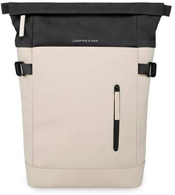 Kapten & Son Rucksack Aarhus Cream Black 14 L | Rucksack Damen & Herren Schwarz-Beige | Rolltop mit 14 Laptopfach | Backpack ideal für Reisen, City, Uni, Arbeit | wasserabweisend