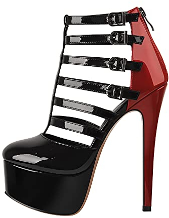 Only maker Damen Pumps mit Schnallen Plateaupumps Pfennigabsatz Stöckelschuhe Absatzstiefel Weinrot Schwarz EU 38