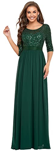 Ever-Pretty Vestido de Fiesta Elegant Manga 3/4 Escote en V Lentejuelas Gasa Largo para Mujer Verde Oscuro 42