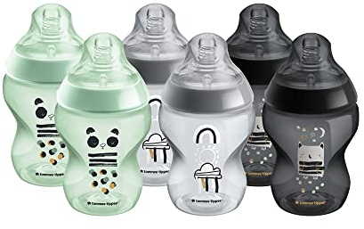 Tommee Tippee Closer to Nature Babyflaschen, Natürlich geformter Trinksauger mit Anti-Kolik-Ventil, 260 ml, 6er-Set, Ollie und Pip