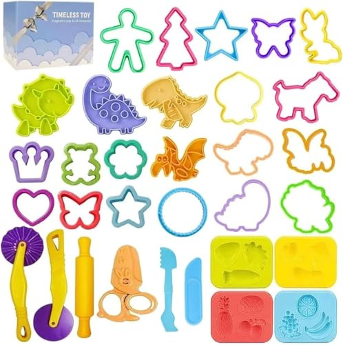 Dough Tools Play for Kids-Dough Accessories Molds Dinosaur Fruit Roller Cutter Scissor and Storage Box, Party Favors Set for Age 3+