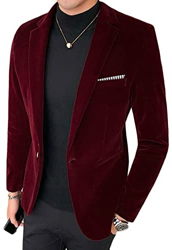 Shownicer Blazer Hombre Casual Slim Fit Chaqueta de Un Botón Traje Sólido Abrigo de Terciopelo A Vino Rojo XXL
