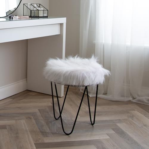 White Fluffy Faux Fur Stool With Black Hair Pin Legs - White Dressing Table/Vanity Stool, Soft Cushioned Seat For Living Room, Lounge Or Bedroom