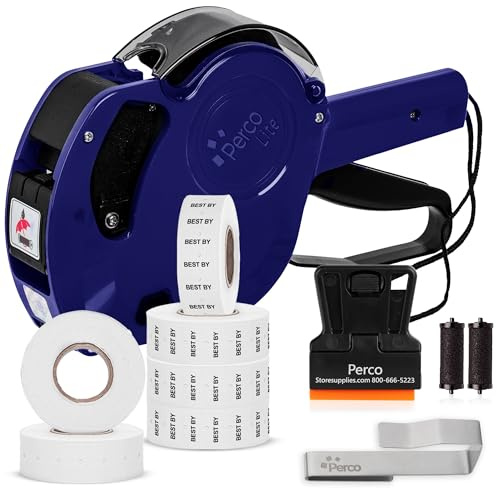 Perco Lite 1 Line Date Gun Kit - Includes 2 White Rolls, 1 Gun Clip, 4 Rolls of Best by Labels, 2 Ink Rollers - 1 Ink roll and Labels Pre-Loaded