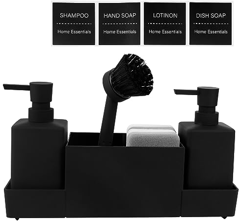 CAUTIOUS Organisateur Evier Cuisine Distributeur de Liquide Vaisselle Accessoire de Rangement Brosse à Vaisselle avec Distributeur de Liquide Noir (350ml)