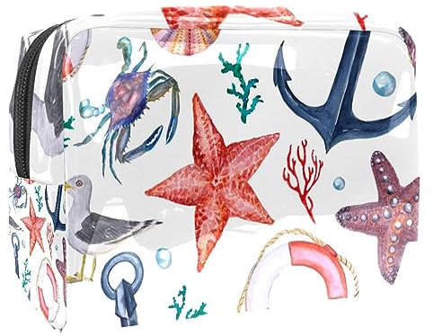 Watercolor Anchor Seagull Lifebuoy Cosmetic Bag for Women, Travel Toiletries Bags Large PVC Makeup Handy Pouch Organiser with Zipper