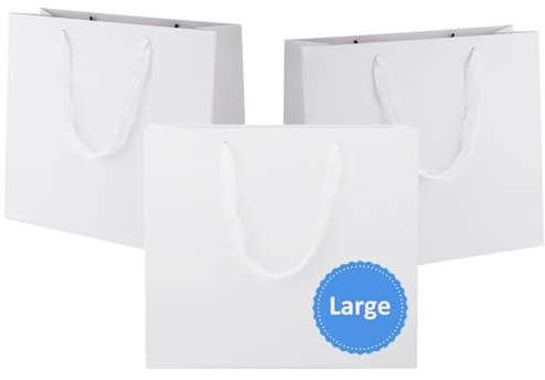 Ronvir 25 Pack Large White Gift Bags with Handles, 32x11x28cm Premium 250gsm Sturdy Paper Bags, Ideal for Christmas Birthday Wedding Party Retail Small Business & Events