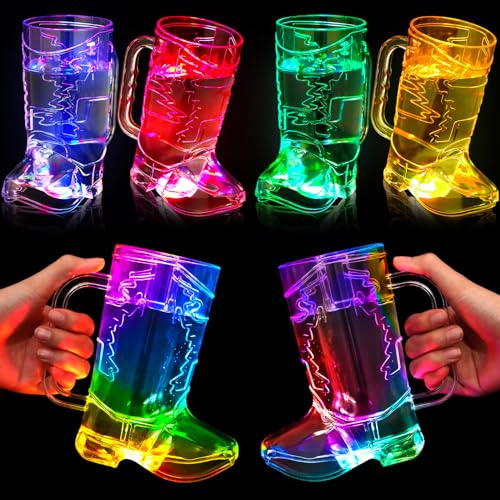 Sieral 6 Pcs Large Cowboy Boot Cups Light Up 16 oz LED Plastic Cowboy Shot Glasses Cowgirl Drink Mugs with Handle for Rodeo Birthday Party Western Theme Wedding Supplies
