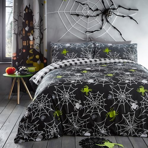 Bedlam Funda Nórdica Arañas Halloween Tamaño Doble (200 x 200cm) - Reversible (2 Diseños) - Cuadro Negro - Brilla en la Oscuridad - Ropa de Cama de Araña en Gris - Decoraciones de Halloween