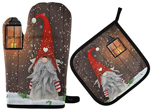 Vikeiac Weihnachtswichtel Ofenhandschuhe Weihnachten Holz Wand Schnee Topflappen Set rutschfeste Kochen Küchenhandschuhe Waschbar Hitzebeständige Ofenhandschuhe für Mikrowelle BBQ Backen Grillen