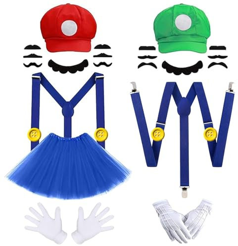 QUANMAITONG Mario und Luigi Brothership Kostüm ，Super Mar Kostüm Fasching，Mario und Luigi Kostüm für Kinder Damen Herren Cosplay Accessories mit Kappen Schnurrbärte Handschuhe Knöpfe