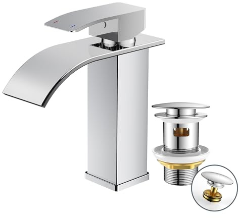 Rubinetto per Bagno FORIOUS in Nickel Spazzolato con Scarico, Miscelatore Monocomando a Cascata per Lavabo, Beccuccio da 110 mm, Risparmio Idrico ed Energetico