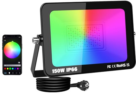 RIGIDON Foco LED Exterior RGBW, 150W 15000LM foco inteligente LED con APP control, RGB Proyector LED Cambio de Color Impermeable IP66 Luz de Inundación con Enchufe para Fiesta, Terraza, Jardin