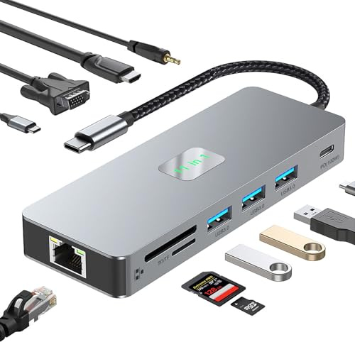 Dalimee USB C-hub, 11 i 1 dockningsstation med HDTV 4K@60 Hz, 1080P VGA, Gigabit Ethernet, PD 100 W snabbladdning, SD/TF-kortläsare, 3 USB3.0, USB-C och ljud. Dockningsstation för MacBook/laptop