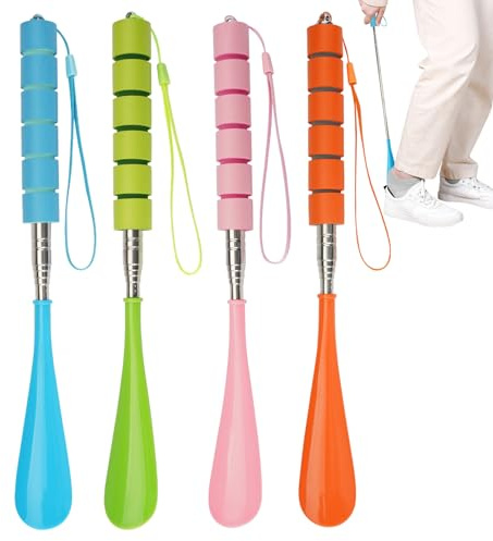 4 Piezas Calzador de Zapatos Largo, 29-70 cm Calzador Telescópico Largo, Calzador Retráctil Largo, Calzador Ergonómico, con Asa Antideslizante y Cordón, para Hombres, Mujeres, Mayores, Niños