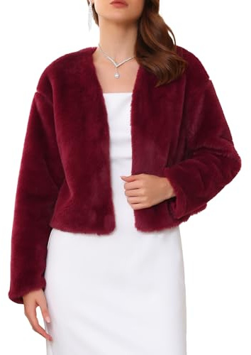 WOMLAYOUT Dam Bolero Elegant för aftonklänningar Cocktail Brud Bröllop Elegant Faux Pälsjacka, Vinröd, XXL