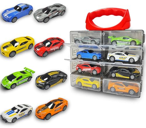 KIDAMI 8 Pack Pull Back Die Cast Metal Toy Cars, 1:64 Scale Sports Race Cars with Detachable Storage Case, Portable Vehicles Carrying Case Set with Handle for Kids Adults Gift